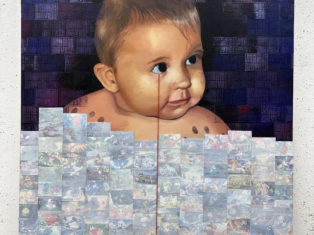 Painting of a baby surrounded by abstract grid