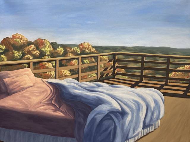 Painting of bed bathed in light on an outdoor balcony