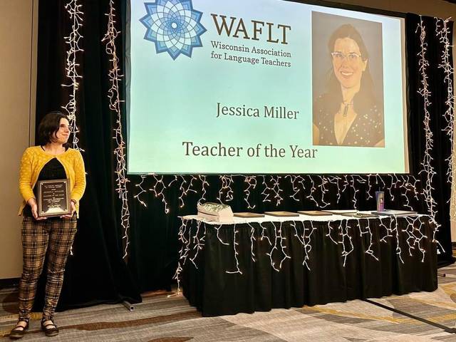 Jessica Miller accepting the Teacher of the Year award in Nov. 2023