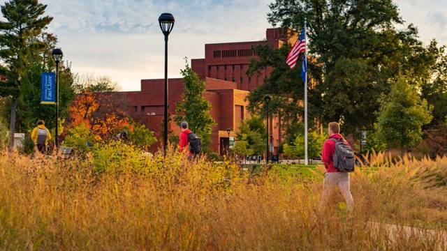 Fall on campus, student walking by tall dry grasses