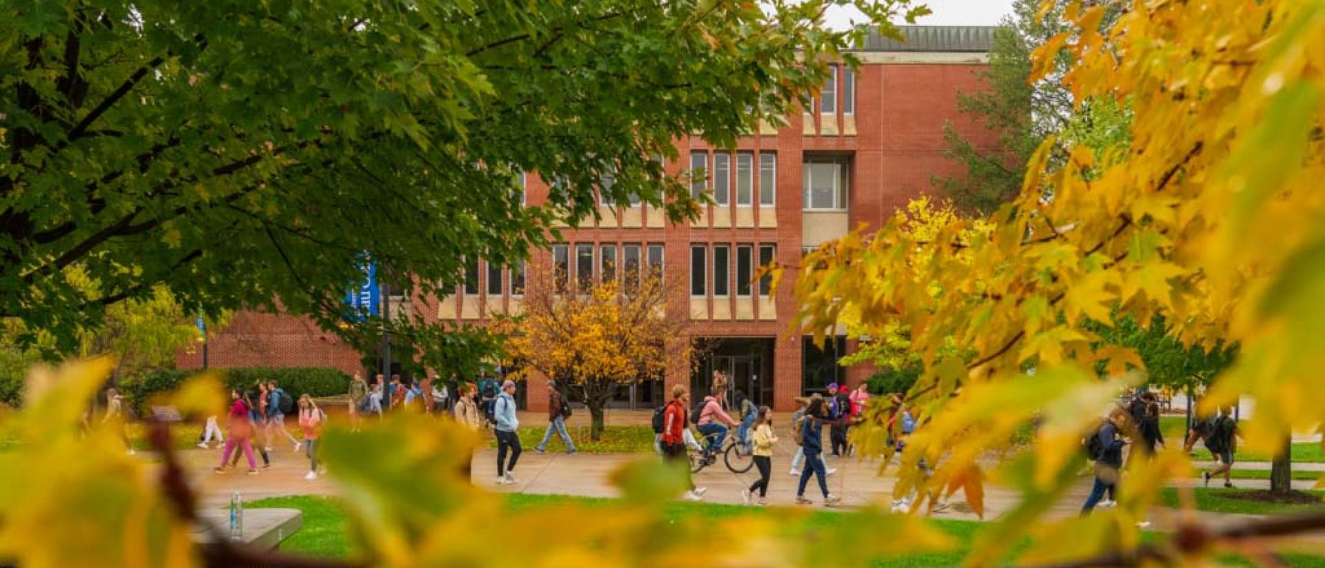 Students walking by Schneider Hall in the fall