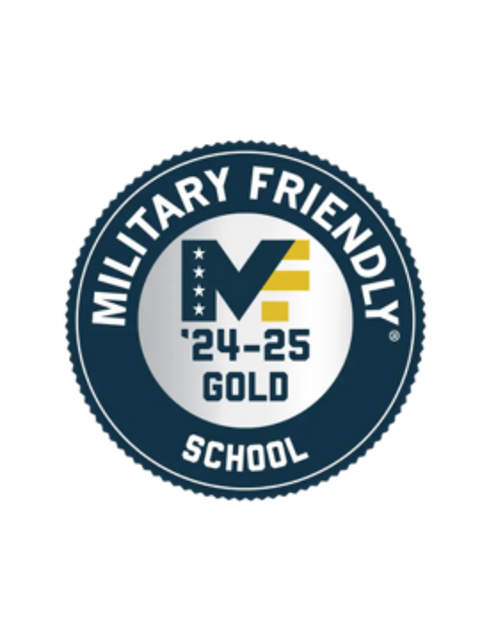 A badge displaying UWEC's gold ranking for military friendly schools.