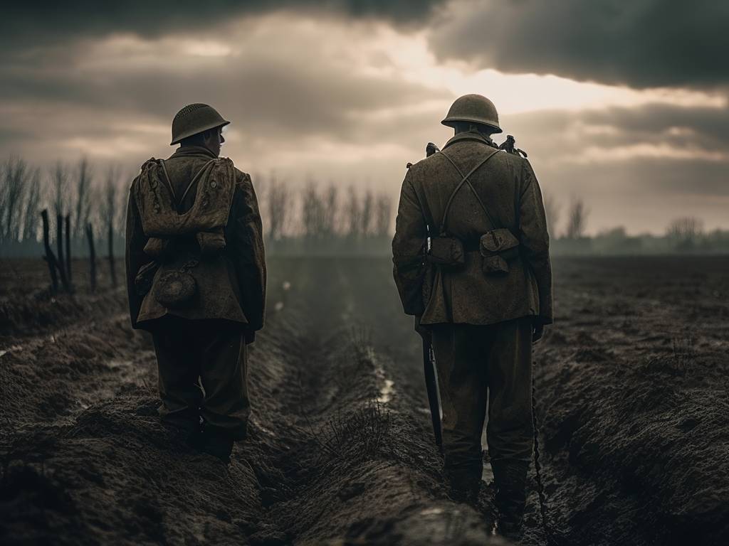 Two WWII soldiers walking in a field.