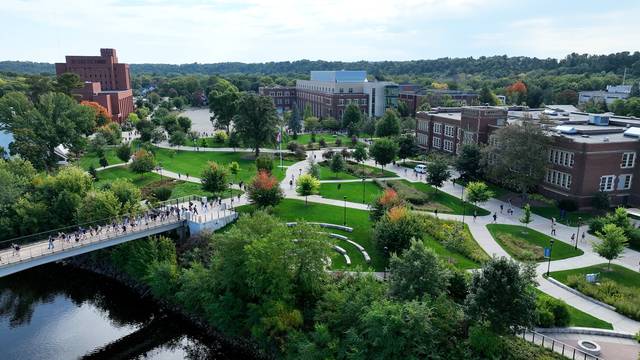 Drone shot of lower campus and river