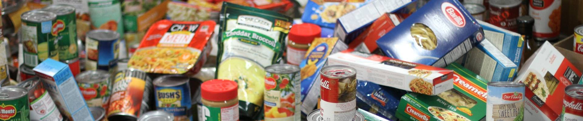 Food pile of donated cans and nonparishable foods