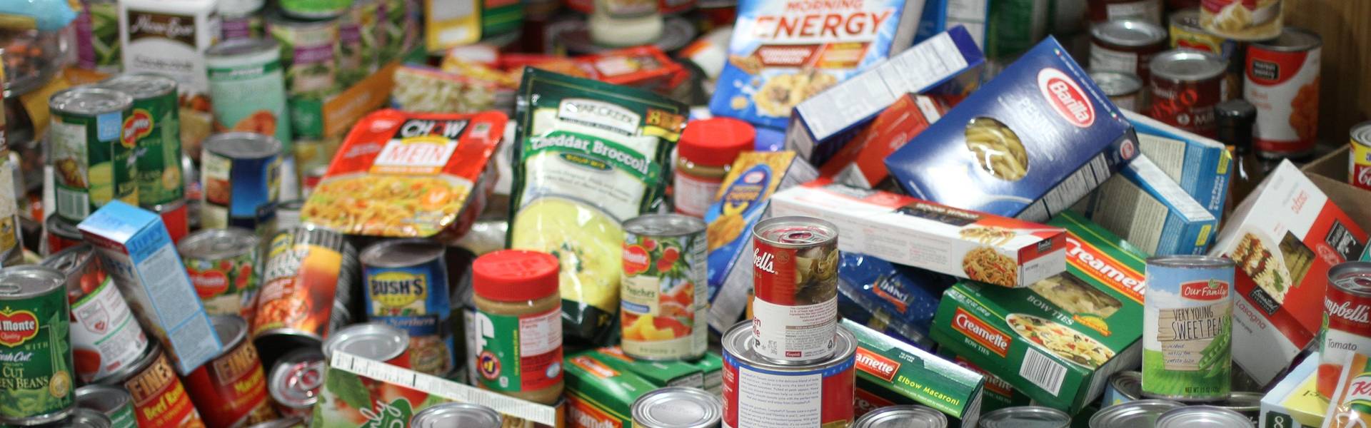 Food pile of donated cans and nonparishable foods