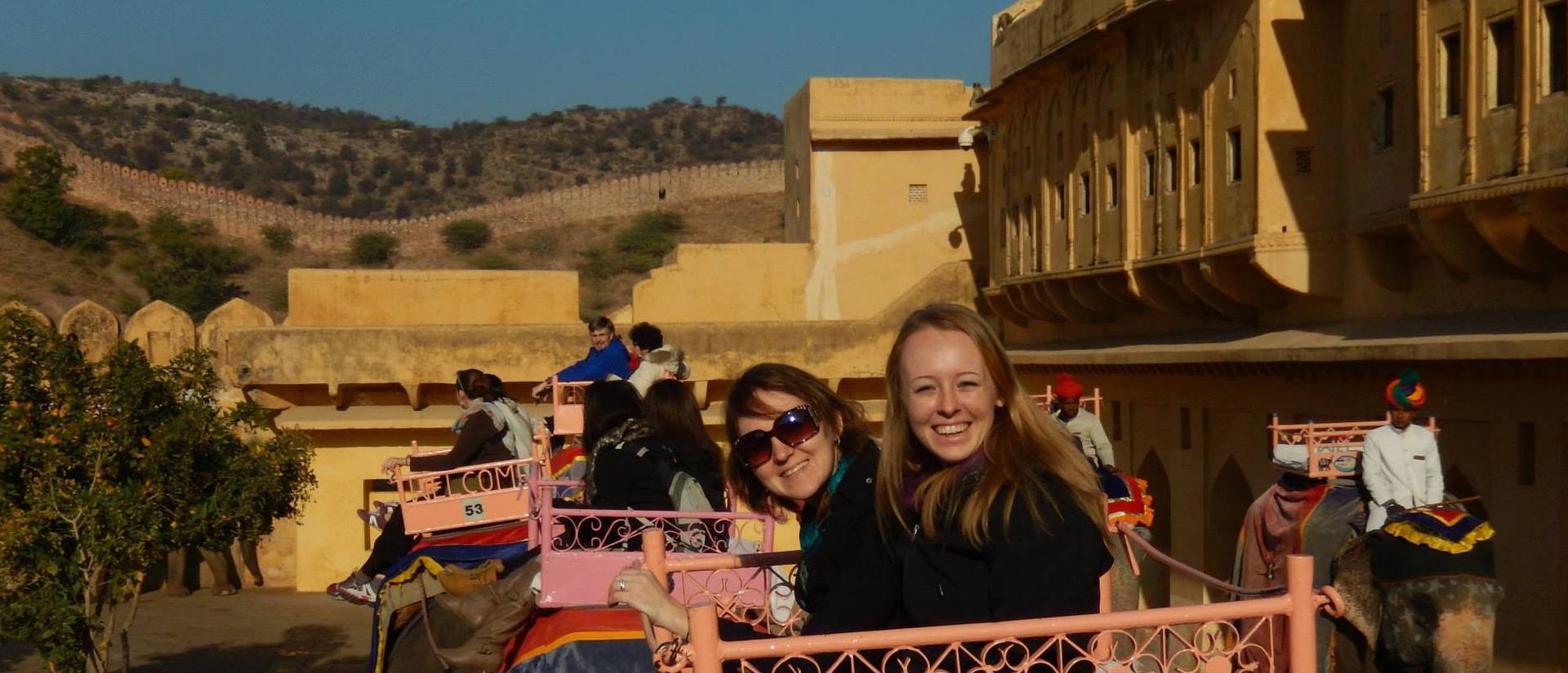 Vanessa Kane (left) riding up to Amber Fort