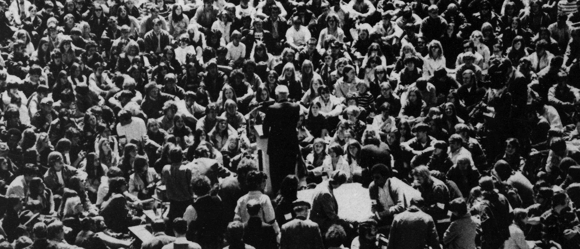 Wisconsin State University-Eau Claire President Leonard Haas addresses 3,500 students on campus May 6, 1970. Photo credit Bill Edgar.