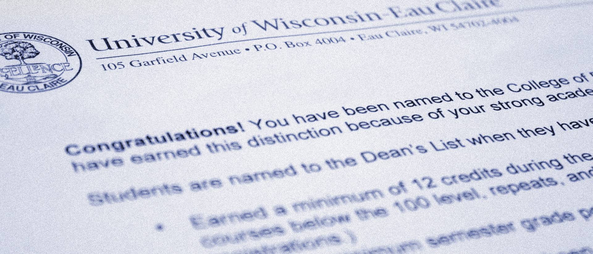 Photo of Dean's List congratulatory letter