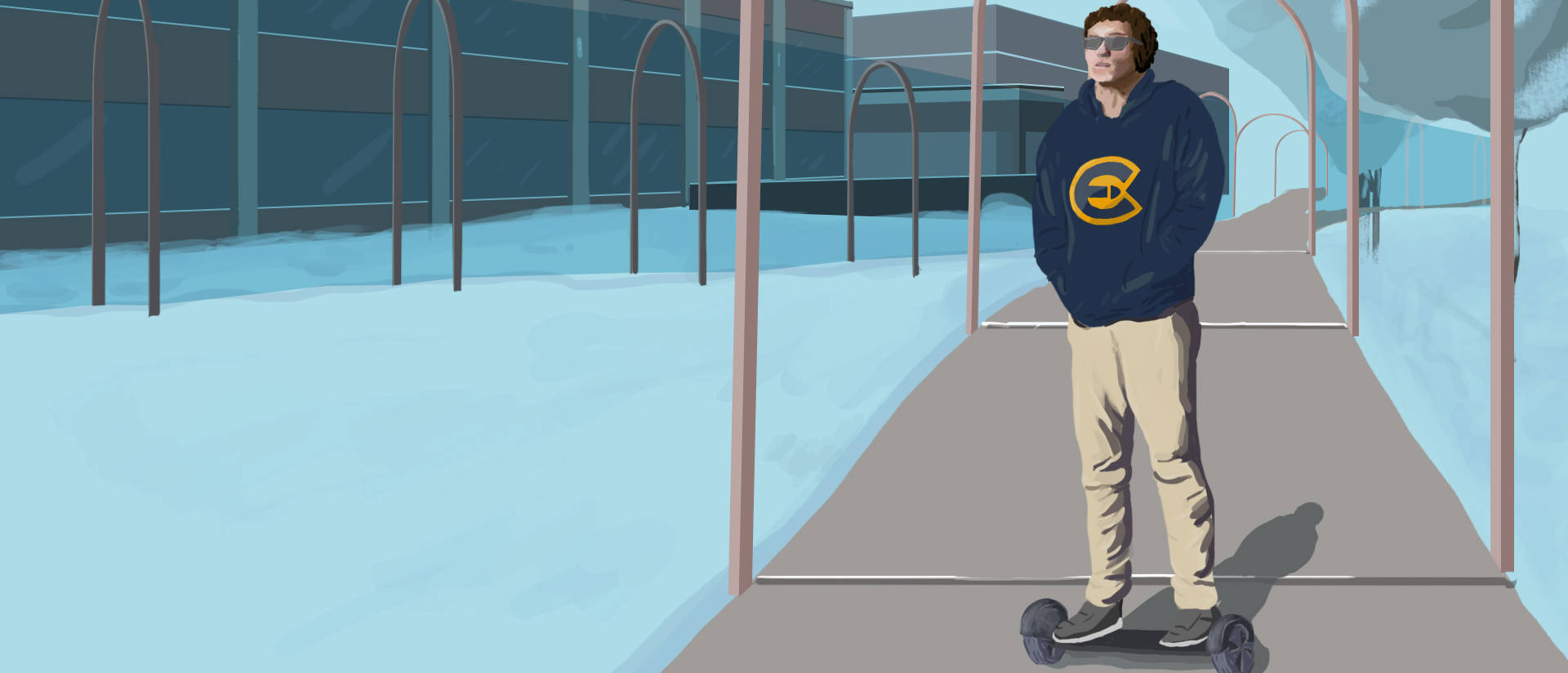 Drawing of UWEC student on hoverboard