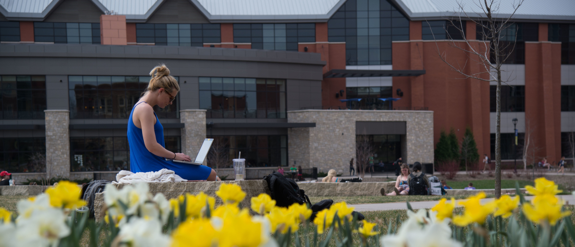 Student works outside on laptop