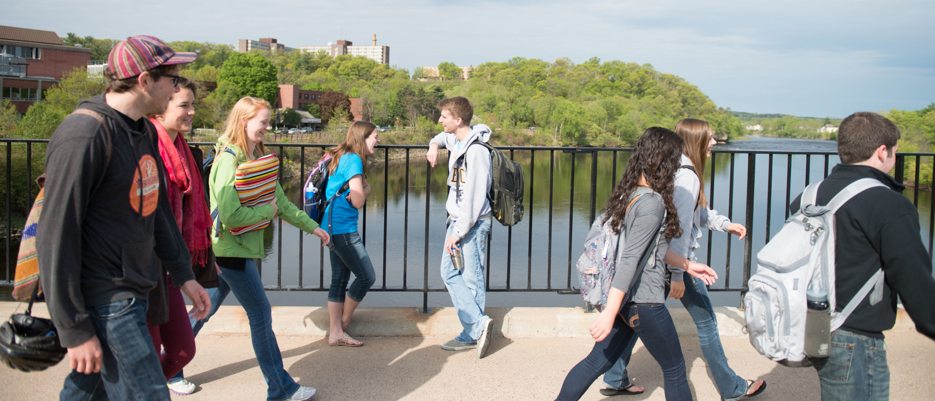 Students on campus footbridge