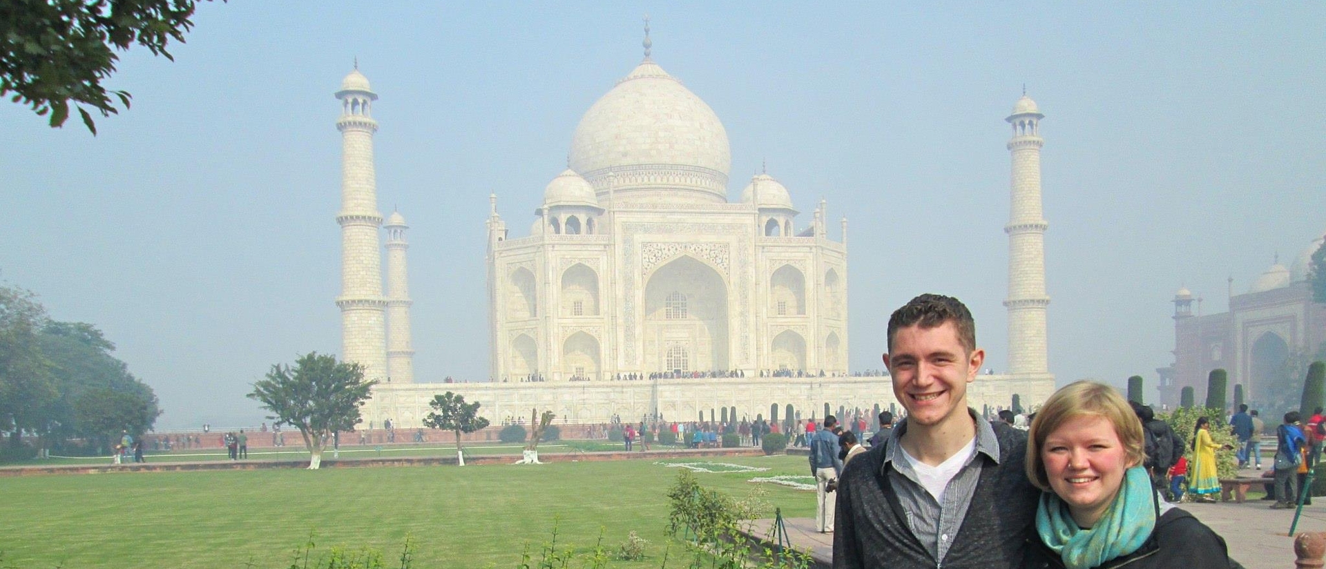 Two students in front of the Taj Mahal