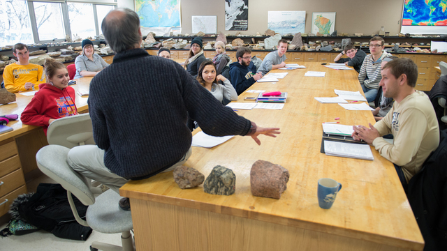 Geology teacher talking about rocks