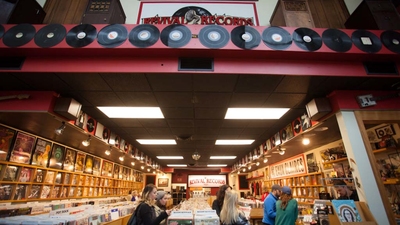 UWEC students checking out the record store in Eau Claire.