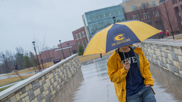 Student in the rain at UWEC