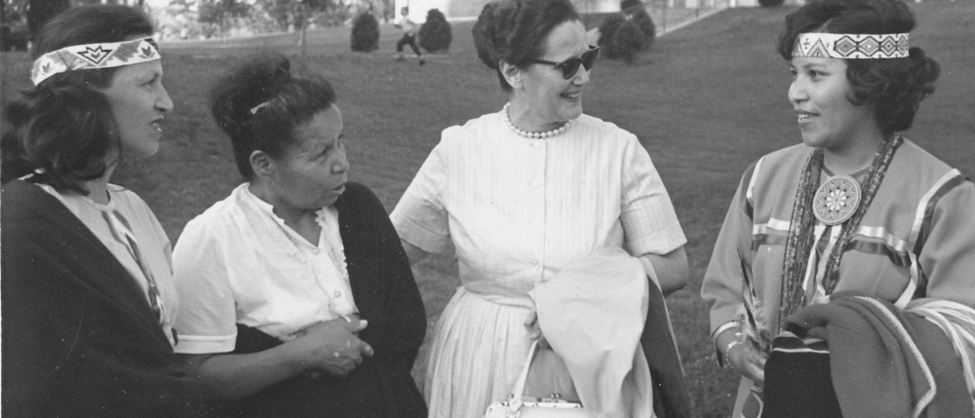 Veda Stone and students on campus, 1960's. 