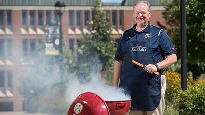 Chancellor Jim Schmidt grilling on campus, August 2018.