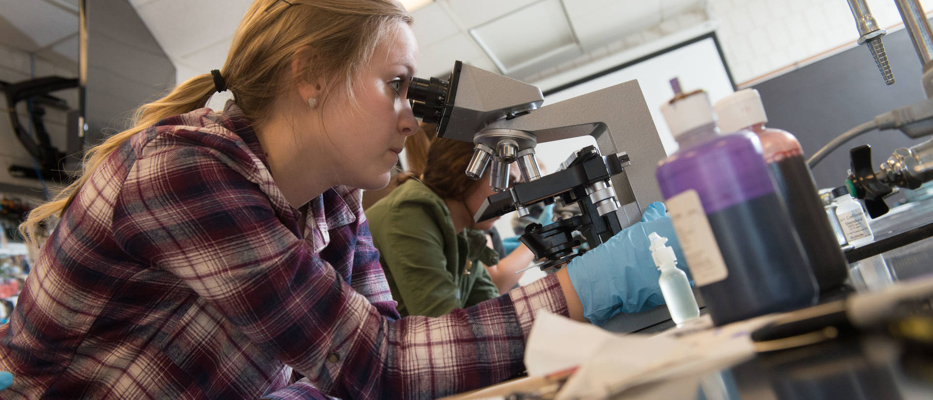 Student working with microscope in environmental health lab class